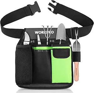 "Workpro garden tool belt with multiple pockets for gardening tools".