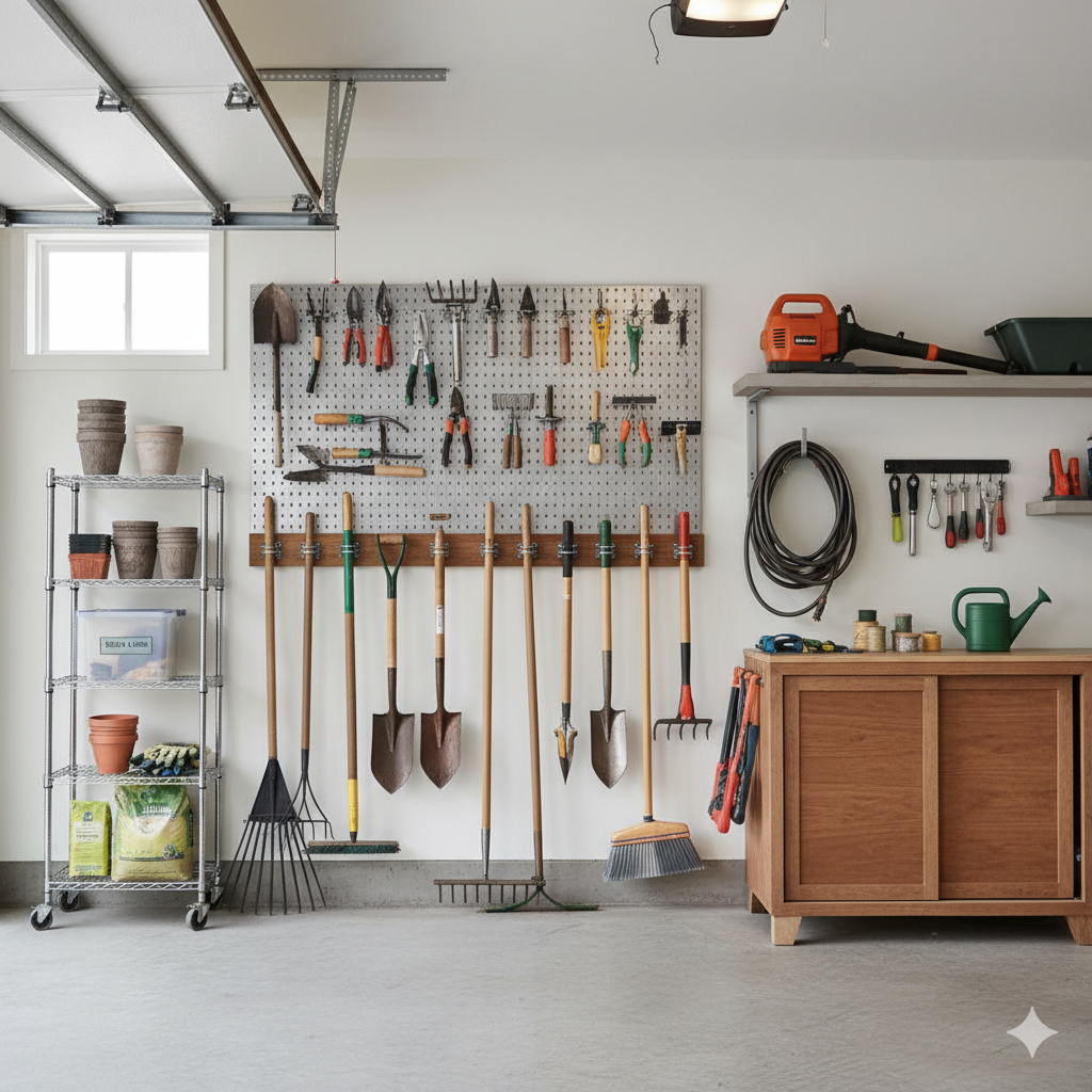 "Organized garage storage ideas for gardening tools"