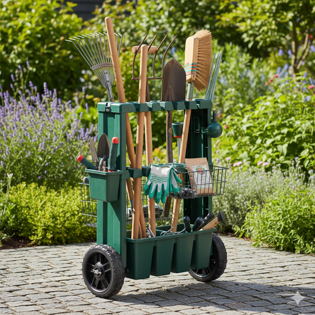 "Portable garden tool organizer cart with wheels for easy storage"