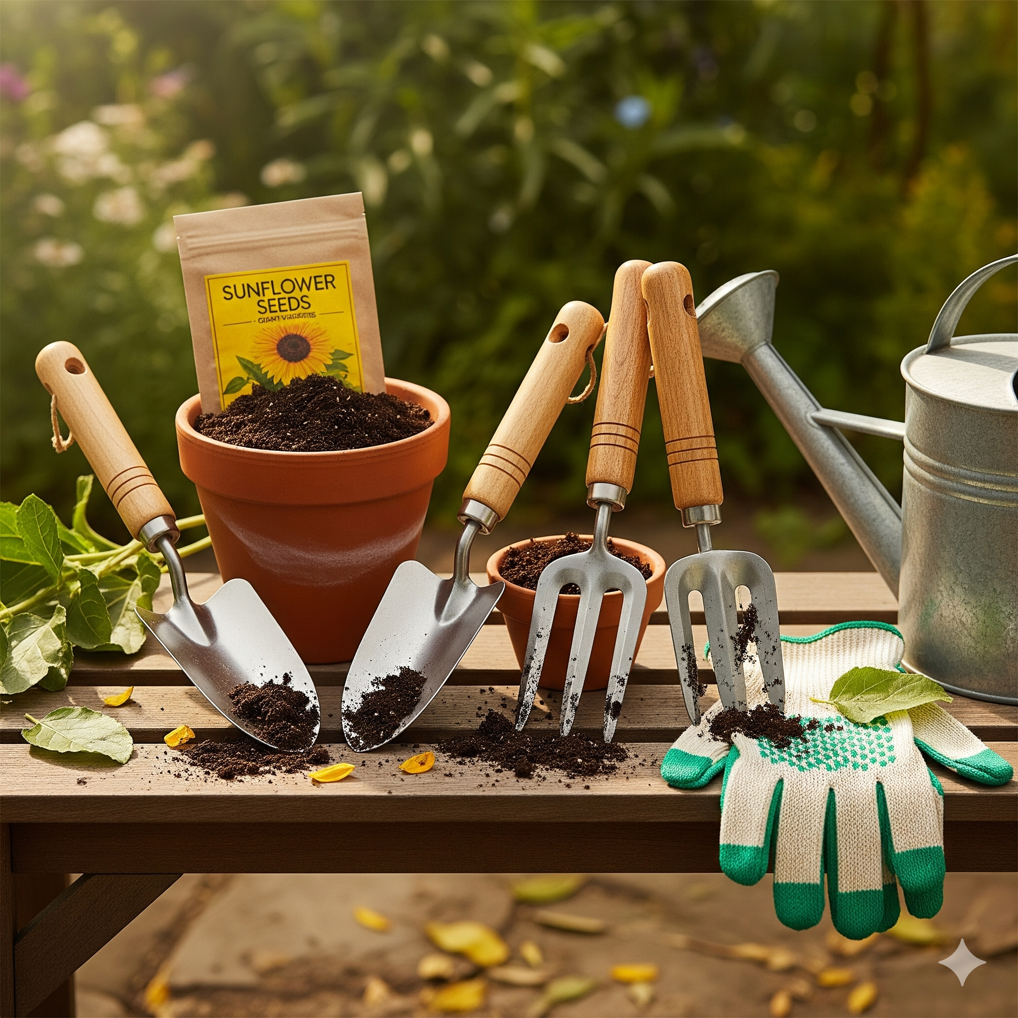 Essential planting tools for gardening- shovel,trowel,watering can,gloves,and rake