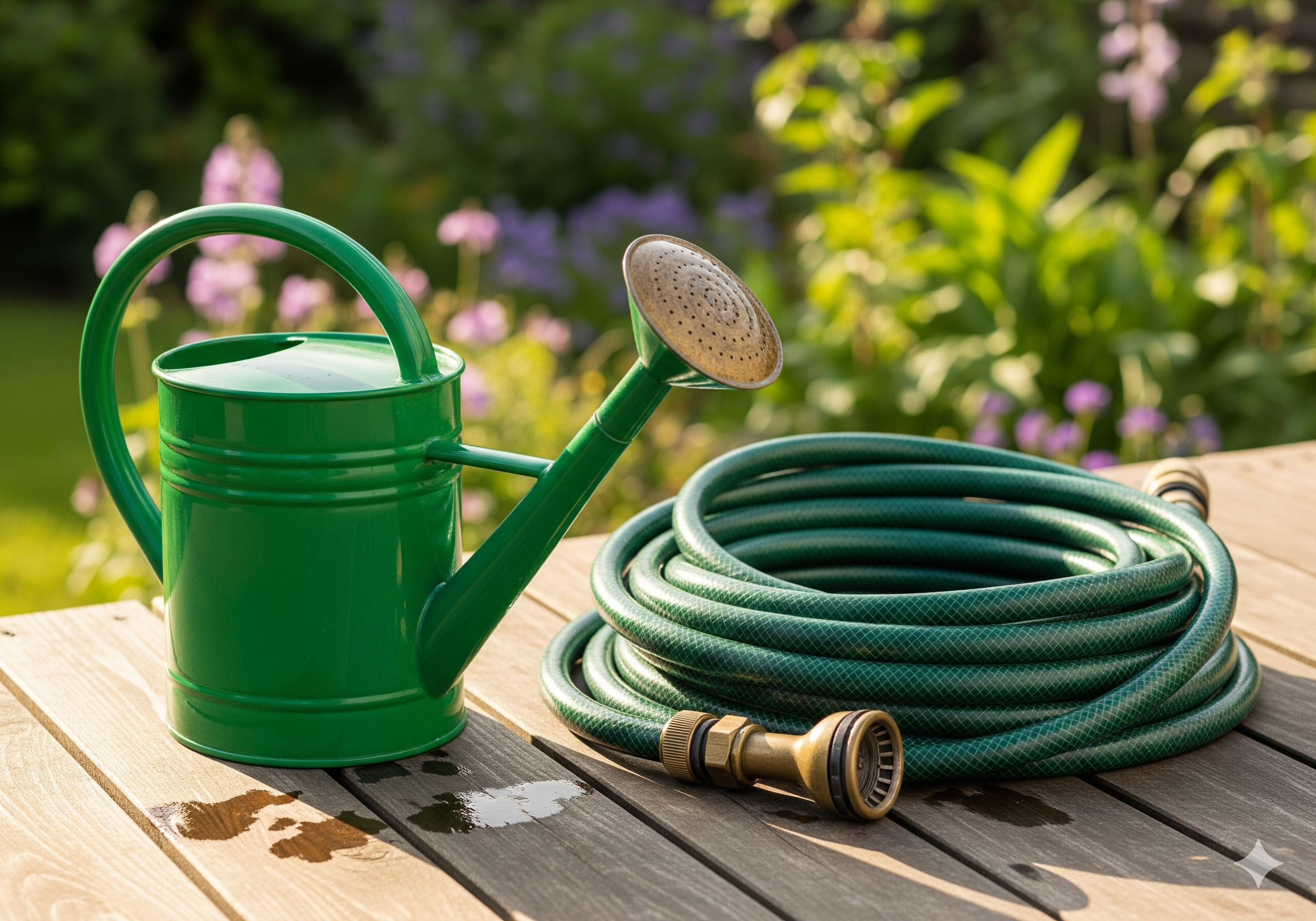 Garden tools for watering plants - watering can and garden hose