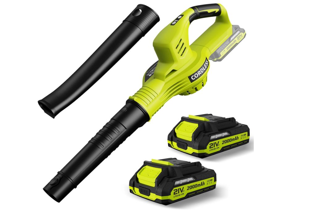 
Leaf Blower Cordless - 21V Powerful Electric Leaf Blower with 2 Batteries and Charger, 2 Speed Modes, 2.0Ah Lightweight Battery Powered Leaf Blowers for