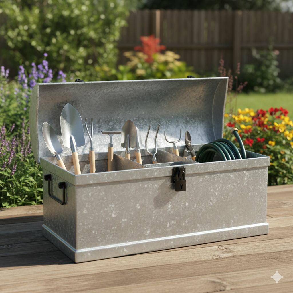 Durable galvanized garden tool storage box for organizing and protecting outdoor tools.