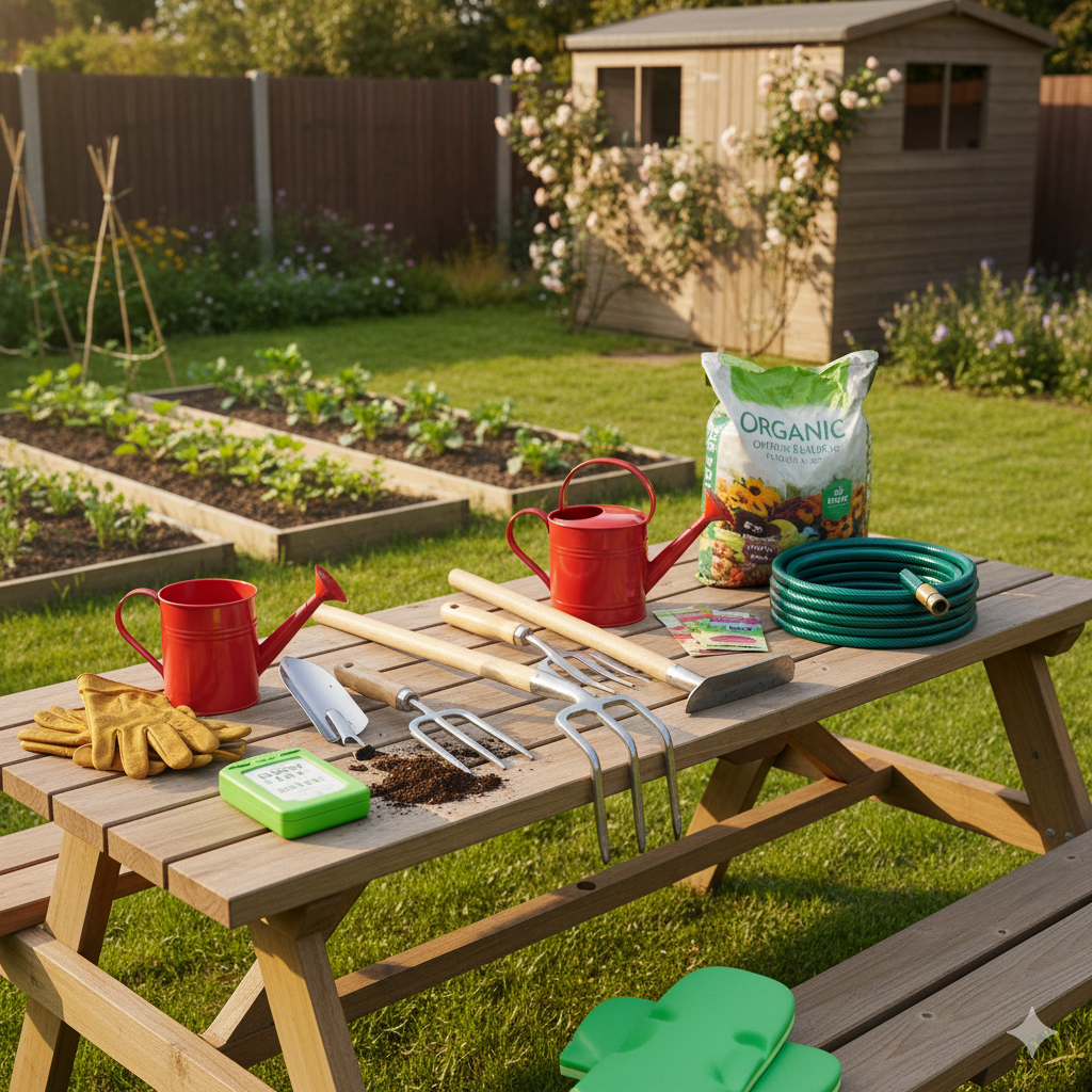 "Essential gardening tools and equipment for planting seedlings"