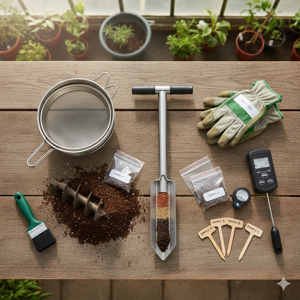 "Gardener using soil sampling tools to test garden soil quality"