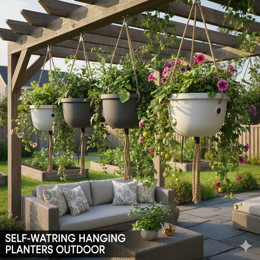 "Beautiful outdoor self watering hanging planters for low maintenance gardening"