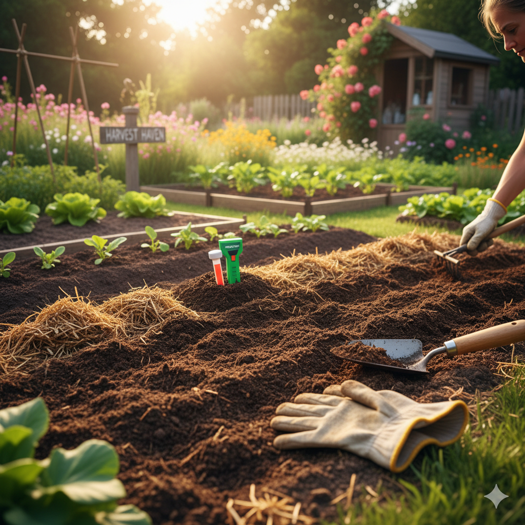 " Preparing garden soil for planting with compost and tools"