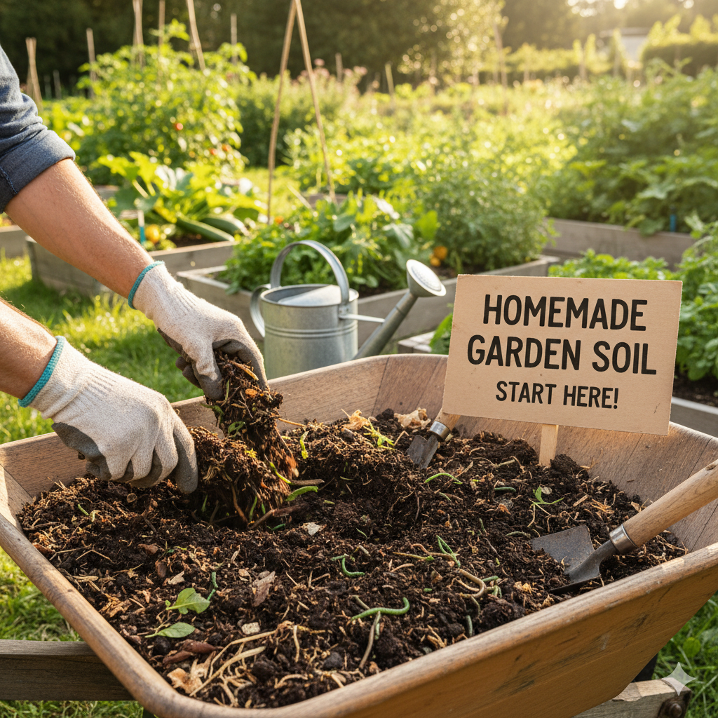 "Homemade garden soil mix using compost,sand,and organic matter in backyard garden"