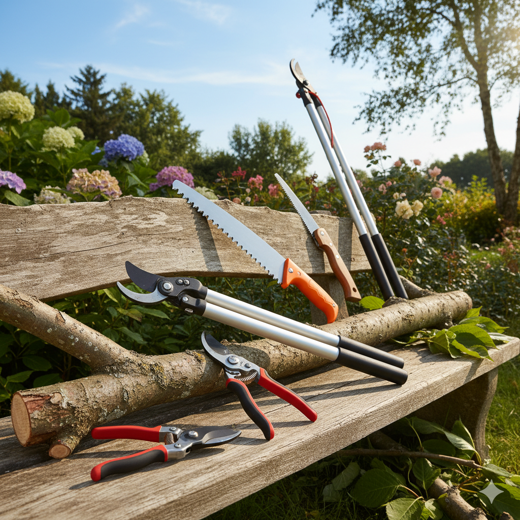 Sherp purning shears and saws for cutting garden branches.