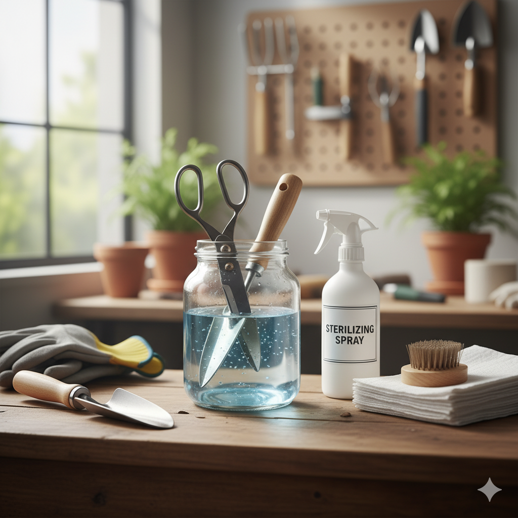 "Cleaning and disinfecting garden tools properly"