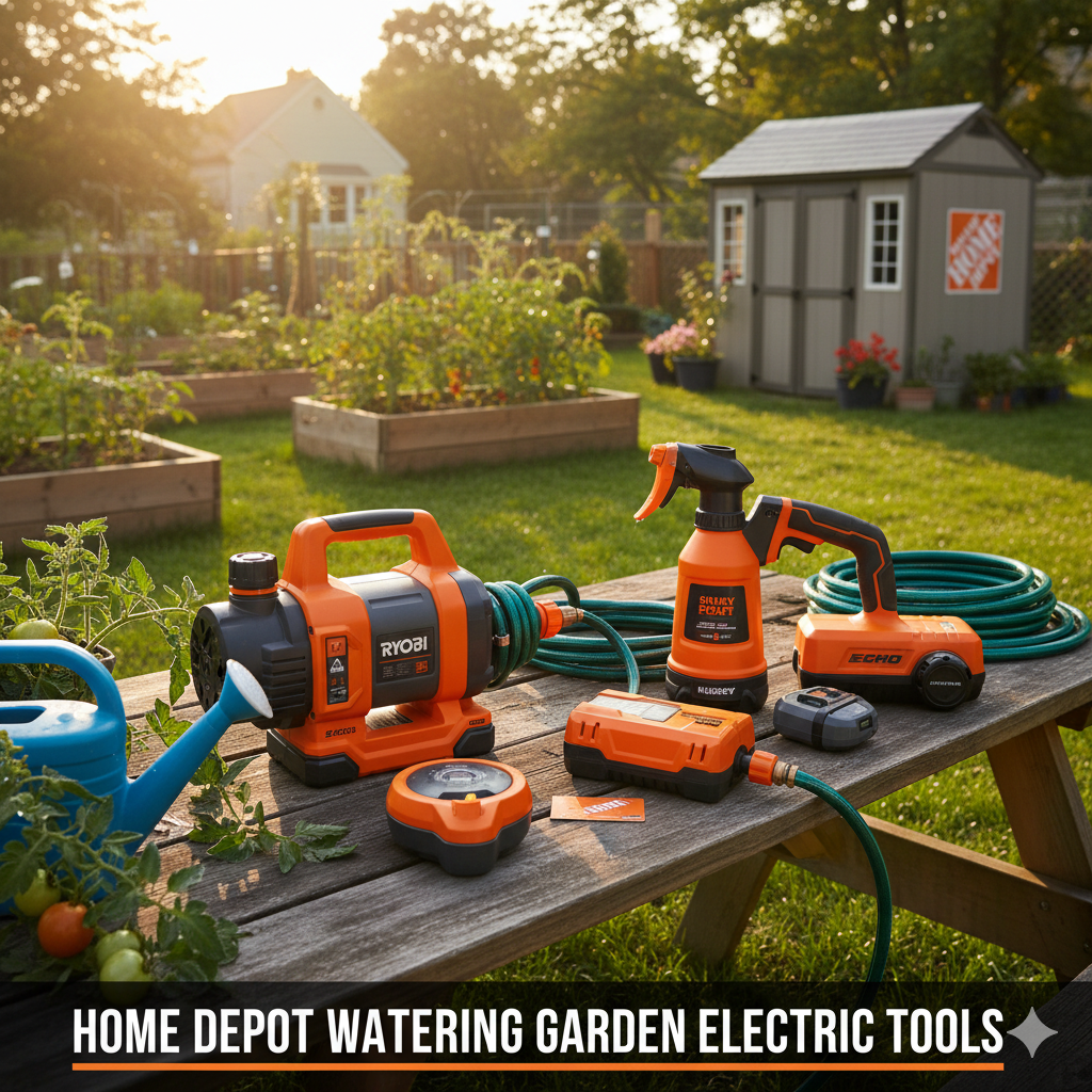 "Home Depot electric watering tools for easy garden irrigation"