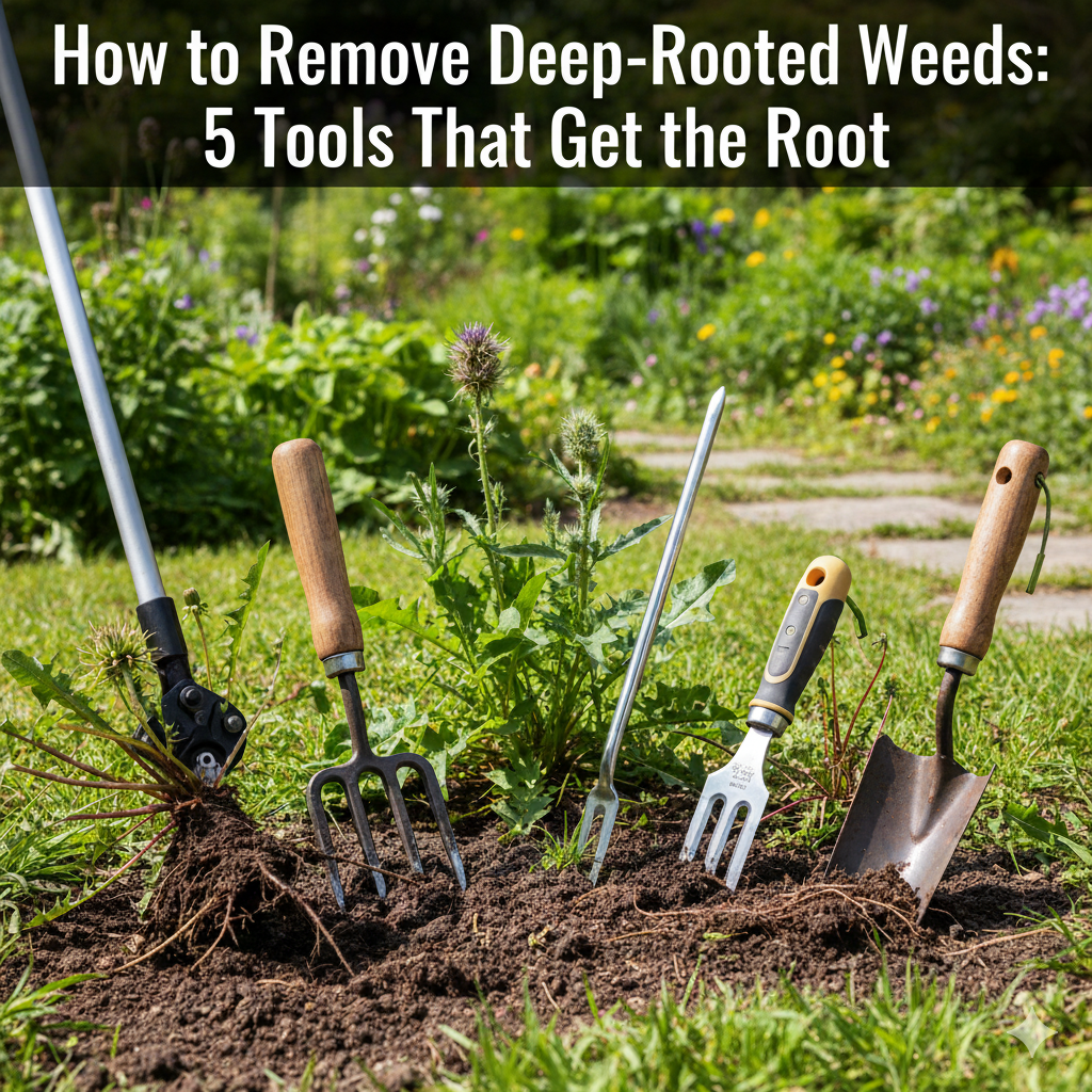 "Gardener removing deep-rooted weeds using hand tools in garden"
