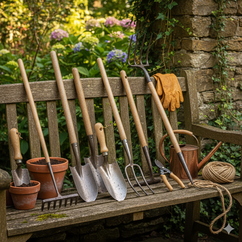 Wooden- handled garden tools including spade,rake,and hoe.