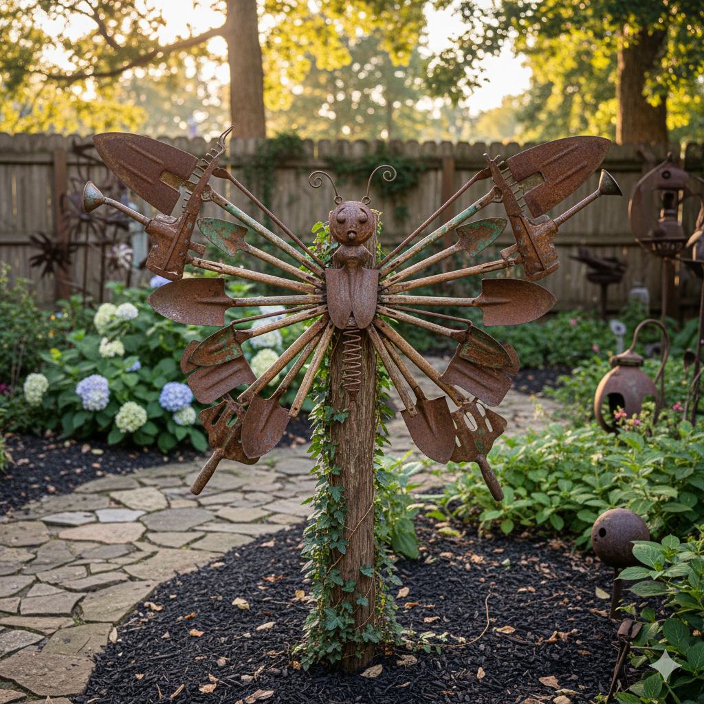 "Creative yard art made from old garden tools"