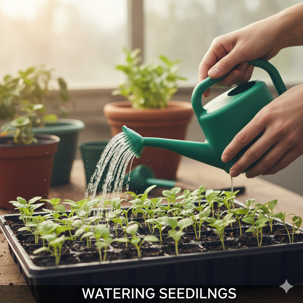 Watering can used for young seedlings in garden soil.