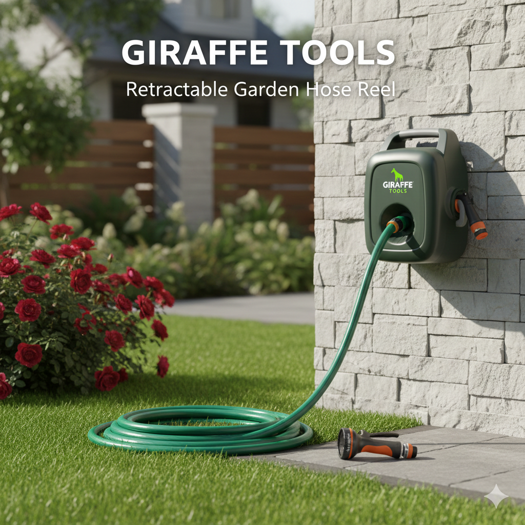 "Giraffe Tools Retractable Garden Hose Reel for Easy Watering"