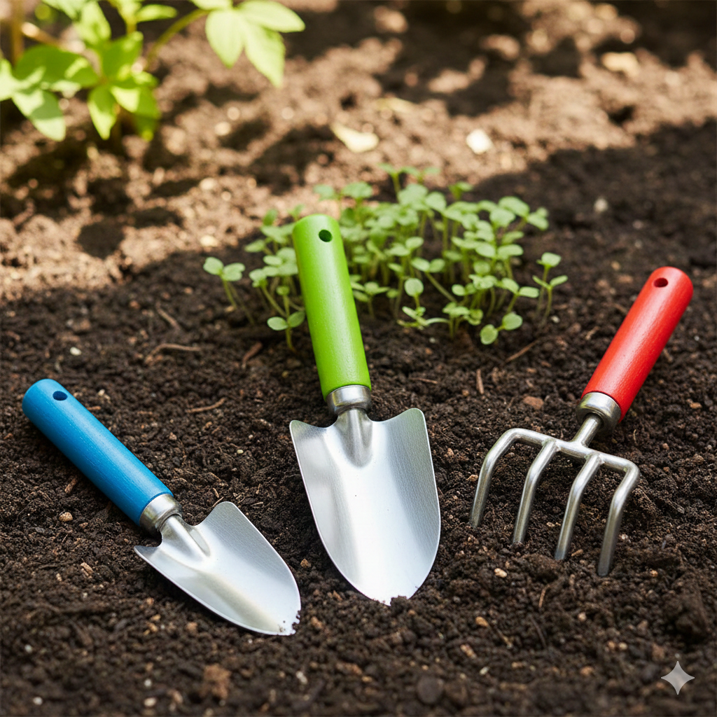 "Kids garden tools set with metal spade and fork for safe gardening activities"