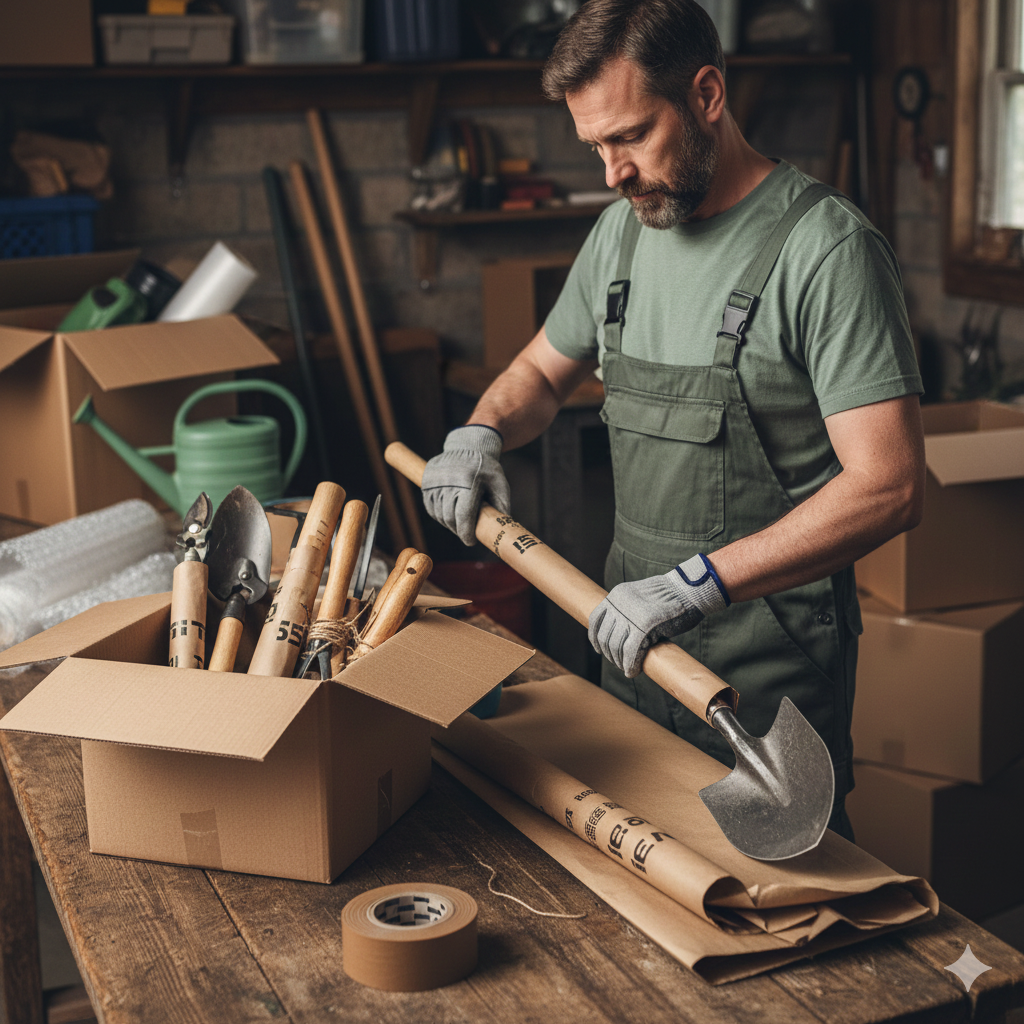 "Step by Step guide to safely pack garden tools for moving or relocation"