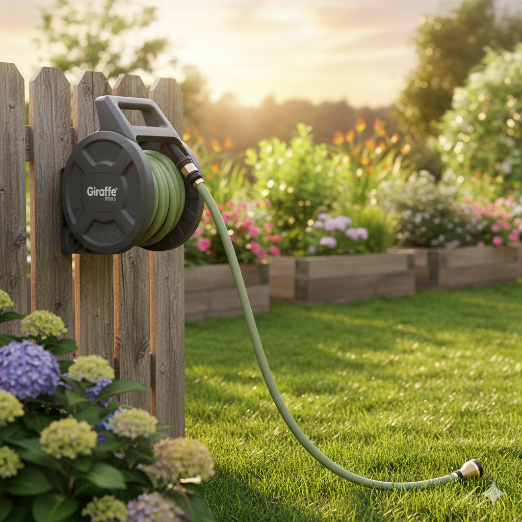 "Giraffe Tools durable garden hose reel for easy watering"