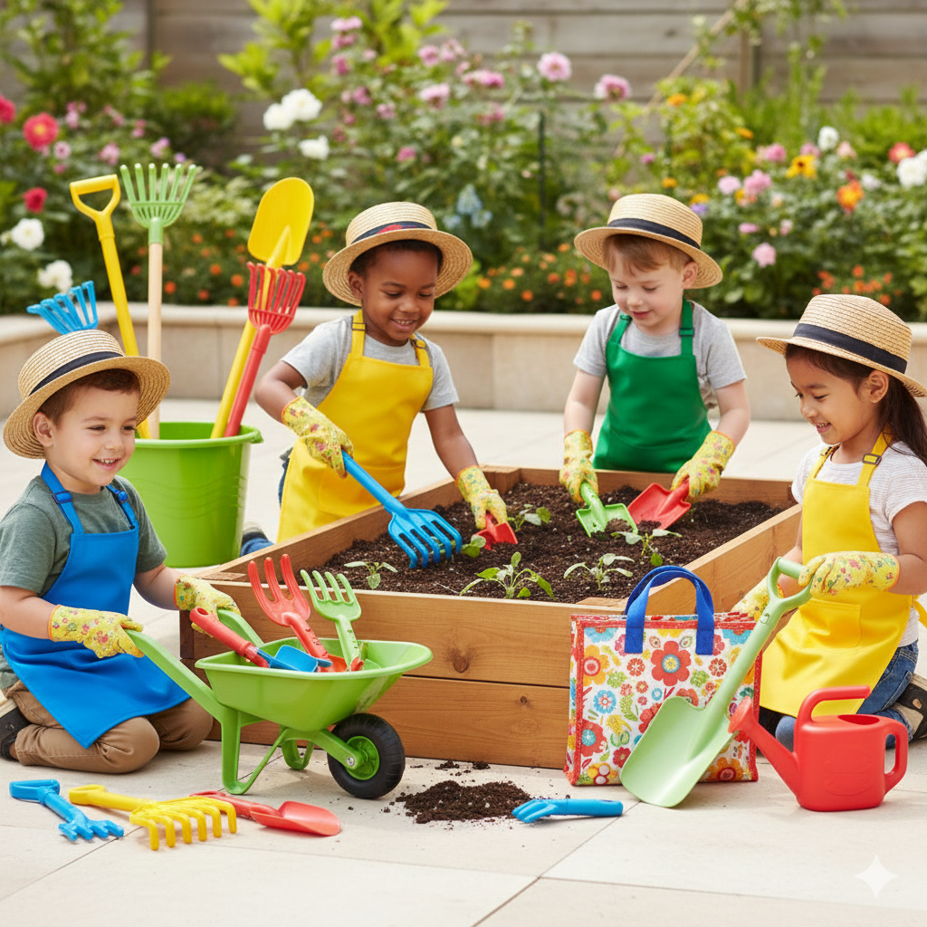 Childrens plastic garden tools and equipment for kids outdoor play and learning