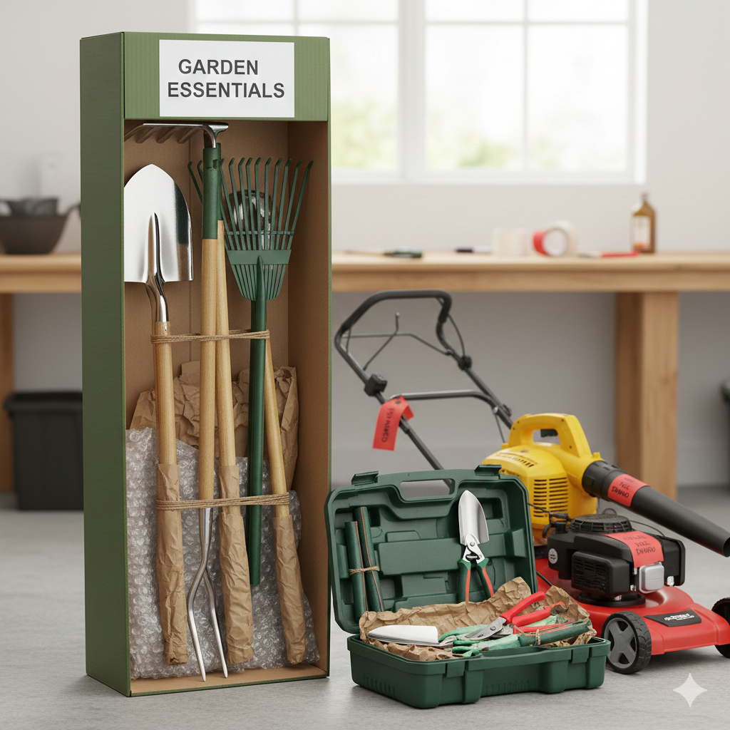 How to pack garden tools for mooving safetly with boxes,gloves,and protective wrapping