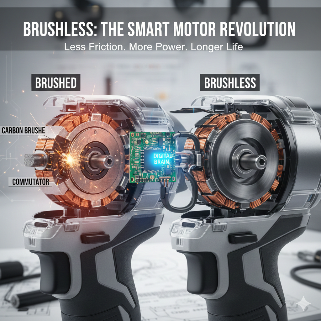 Brushless power tool motor showing internal design with higher efficiency and longer battery life.