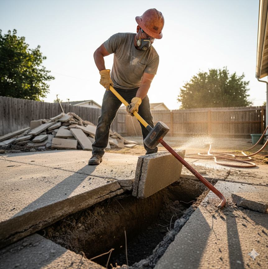 Breaking concrete with hand tools like sledgehammer and chisel at home