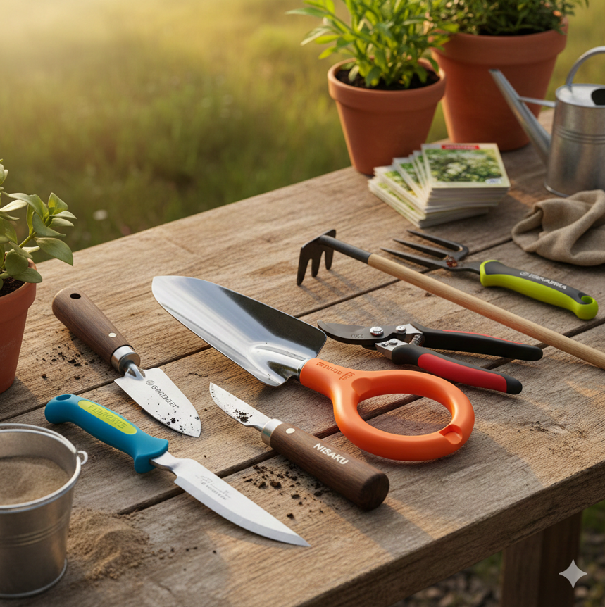 Small hand held garden tools including trowel, pruner, hand fork, and weeder for home gardening