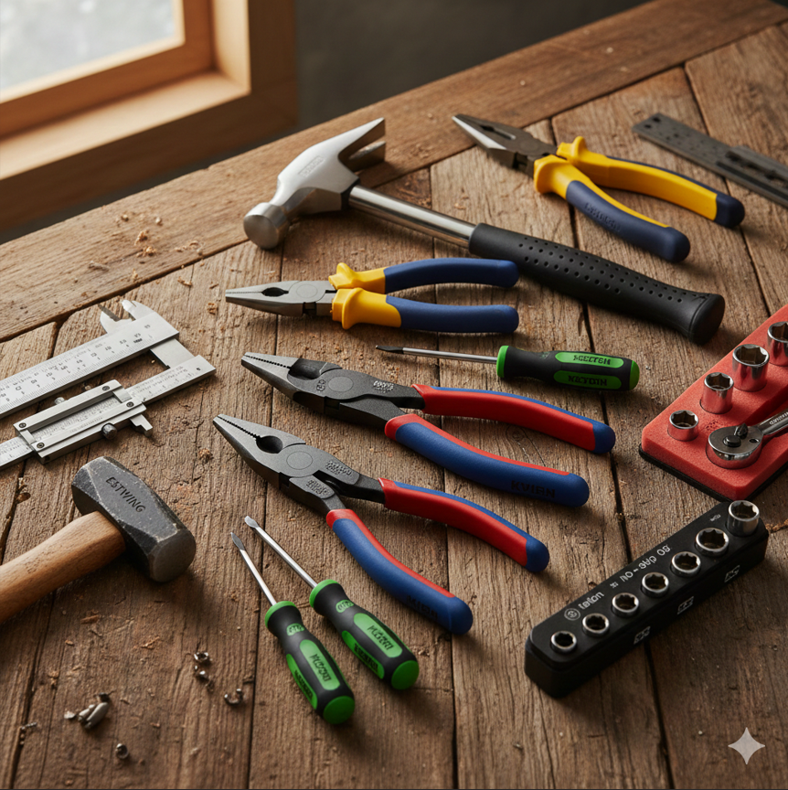 Durable hand tools from trusted brands including hammers, pliers, screwdrivers, and wrenches used by professional