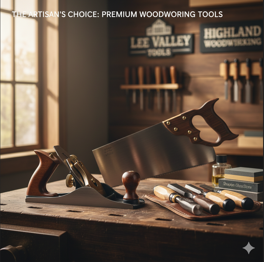 Premium woodworking hand tools including chisels, hand planes and saws on a workbench