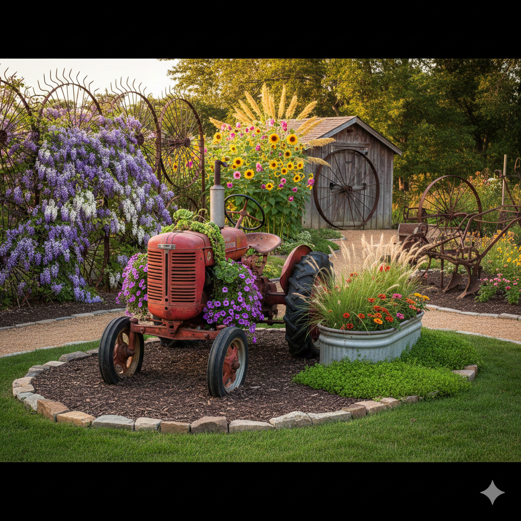 Yard art landscaping with old farm equipment in a rustic garden