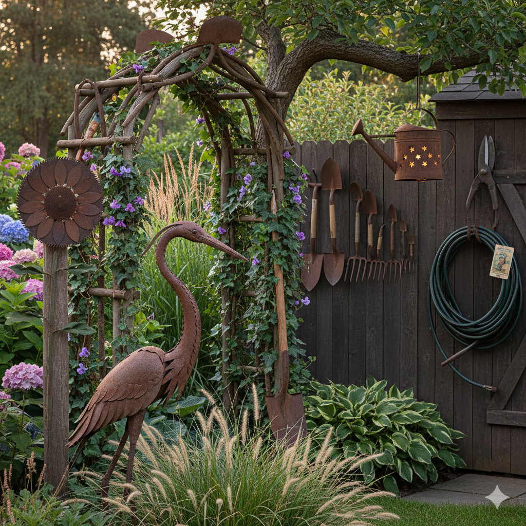 Yard art made from old garden tools transformed into creative outdoor decorations.