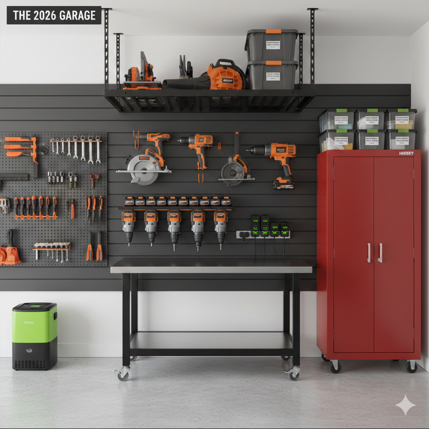How to store power tools in garage safely using wall mounts and shelves.