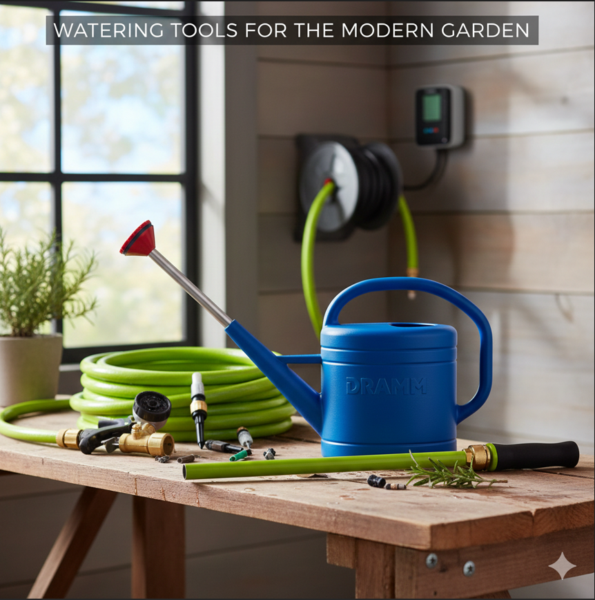 Watering tools for gardening including watering can, hose, spray nozzle and drip irrigation system.