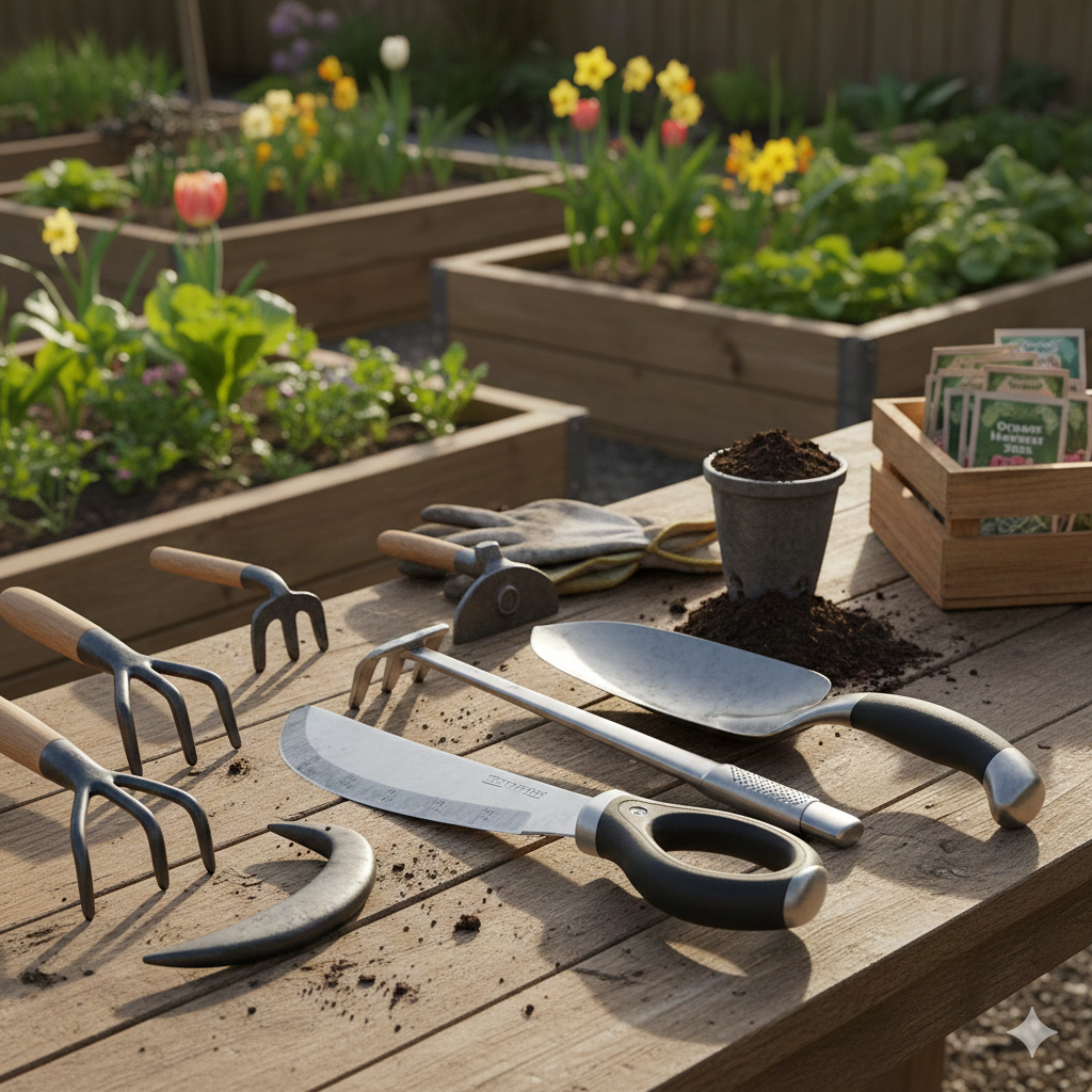 Hand held garden tools for digging soil,including trowel,hand fork,and garden cultivator